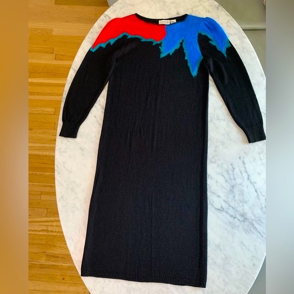 Carole M vintage black knit dress with angora details, pops of colour Size small - Picture 4 of 9